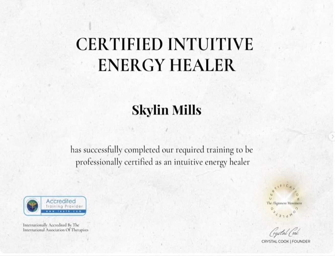 Certified Intuitive Energy Healer, Skylin Mills
